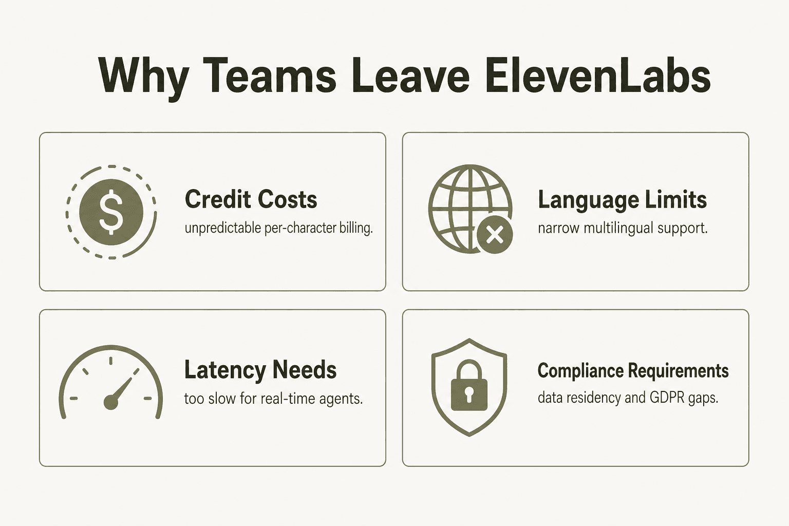 Die vier Hauptgründe, warum Teams nach ElevenLabs-Alternativen suchen: Kreditmodell-Kosten, Latenzanforderungen für Echtzeit-Agenten, Bedarf an vollständigen Bearbeitungsumgebungen und Compliance-Anforderungen