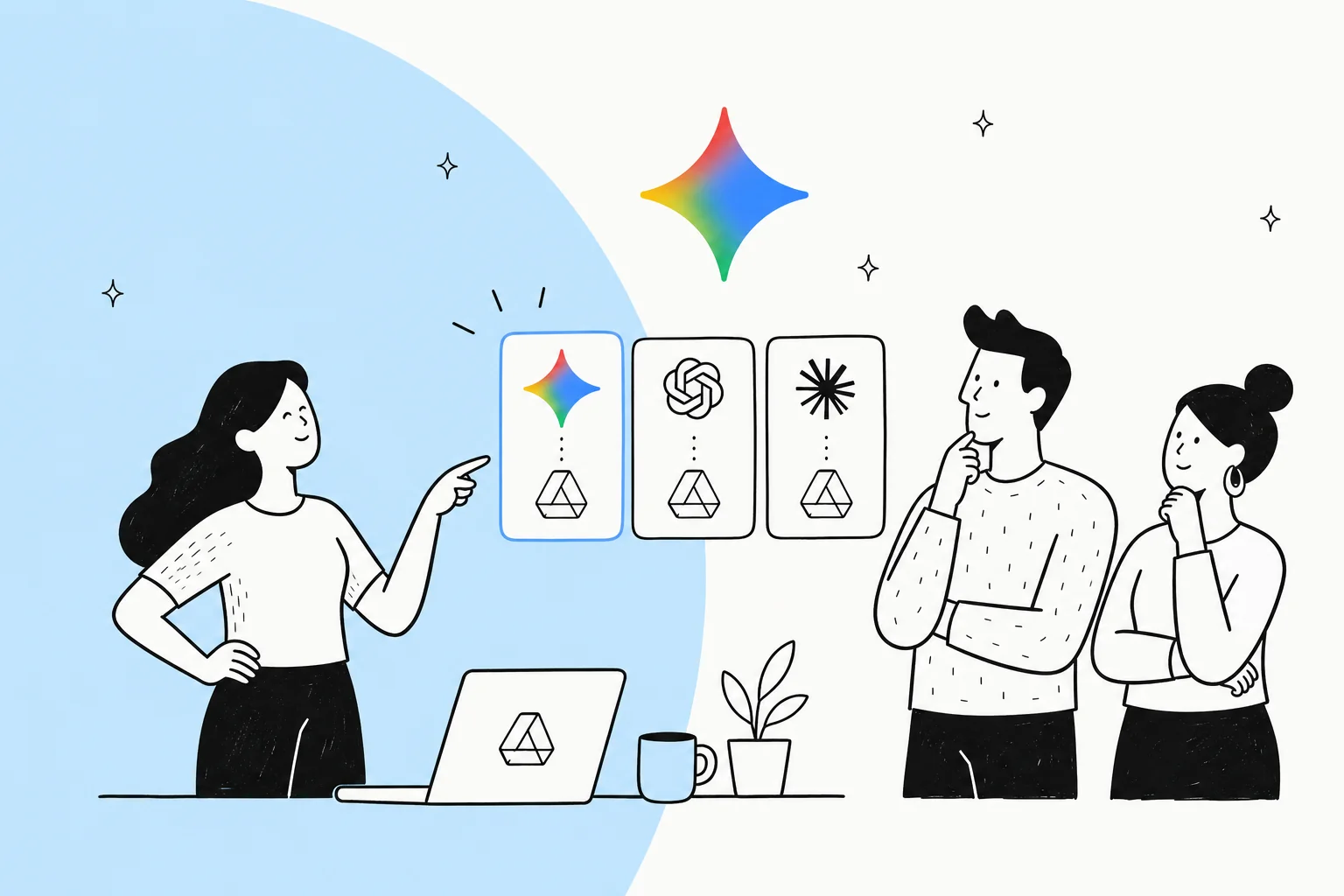 Illustration einer Person, die KI-Assistenten-Optionen für Google Drive vergleicht, markiert mit dem Gemini-Sparkle