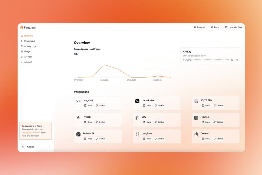 Dashboard do Firecrawl mostrando uso, chave de API e integrações, retirado de filipkonecny.com