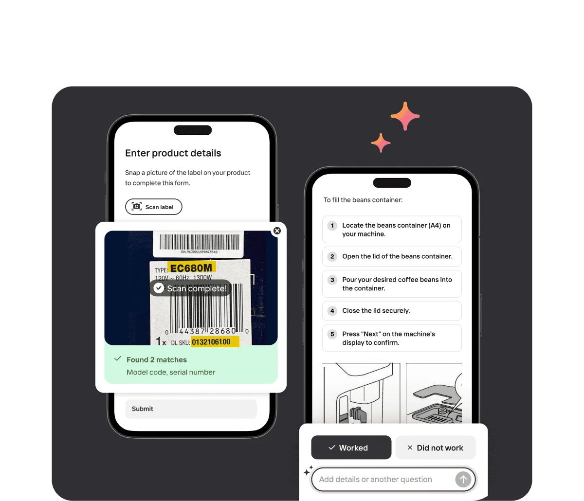 Mavenoid's Vision Assist scanning a coffee-machine label to identify the model, then showing step-by-step fix instructions on a second phone, as shown on Mavenoid's product pages