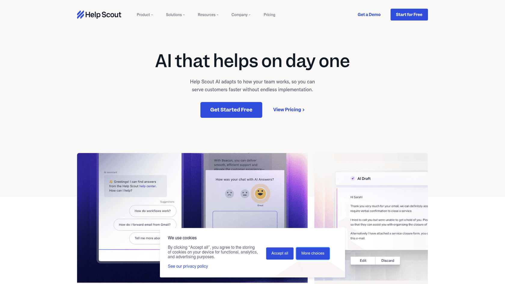 Help-Scout-KI-Funktionsseite mit AI Answers autonomer Lösung und Inbox-Assistant-Tools, entnommen von Help Scout