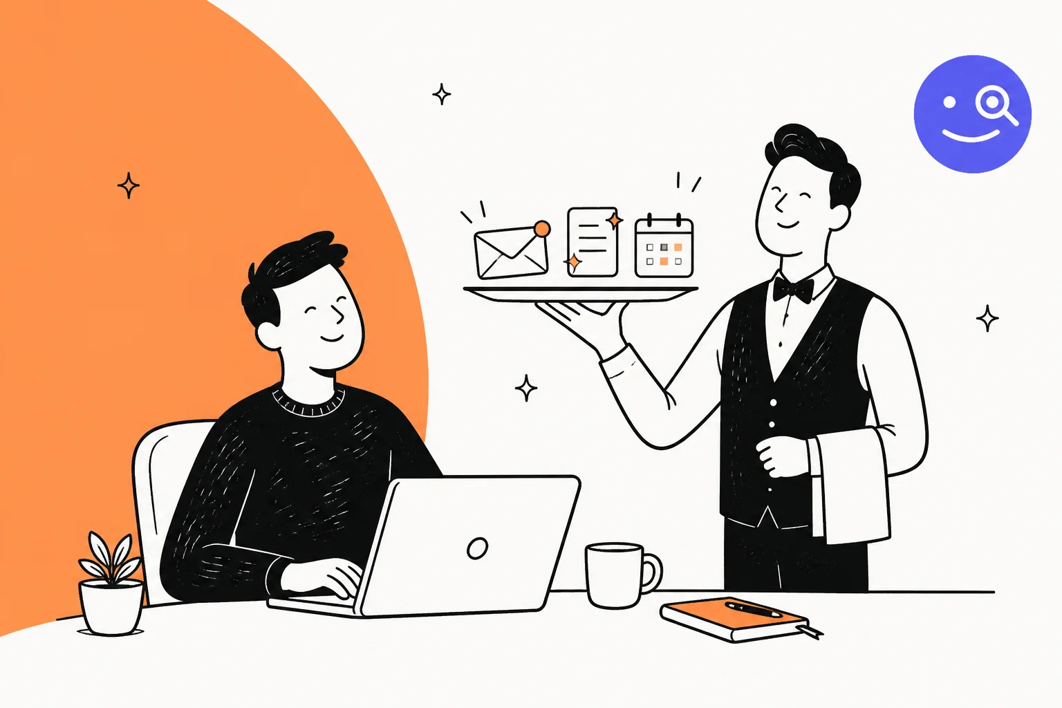 Illustrated hero banner for an alfred_ AI review, showing an email and calendar personal assistant for busy operators