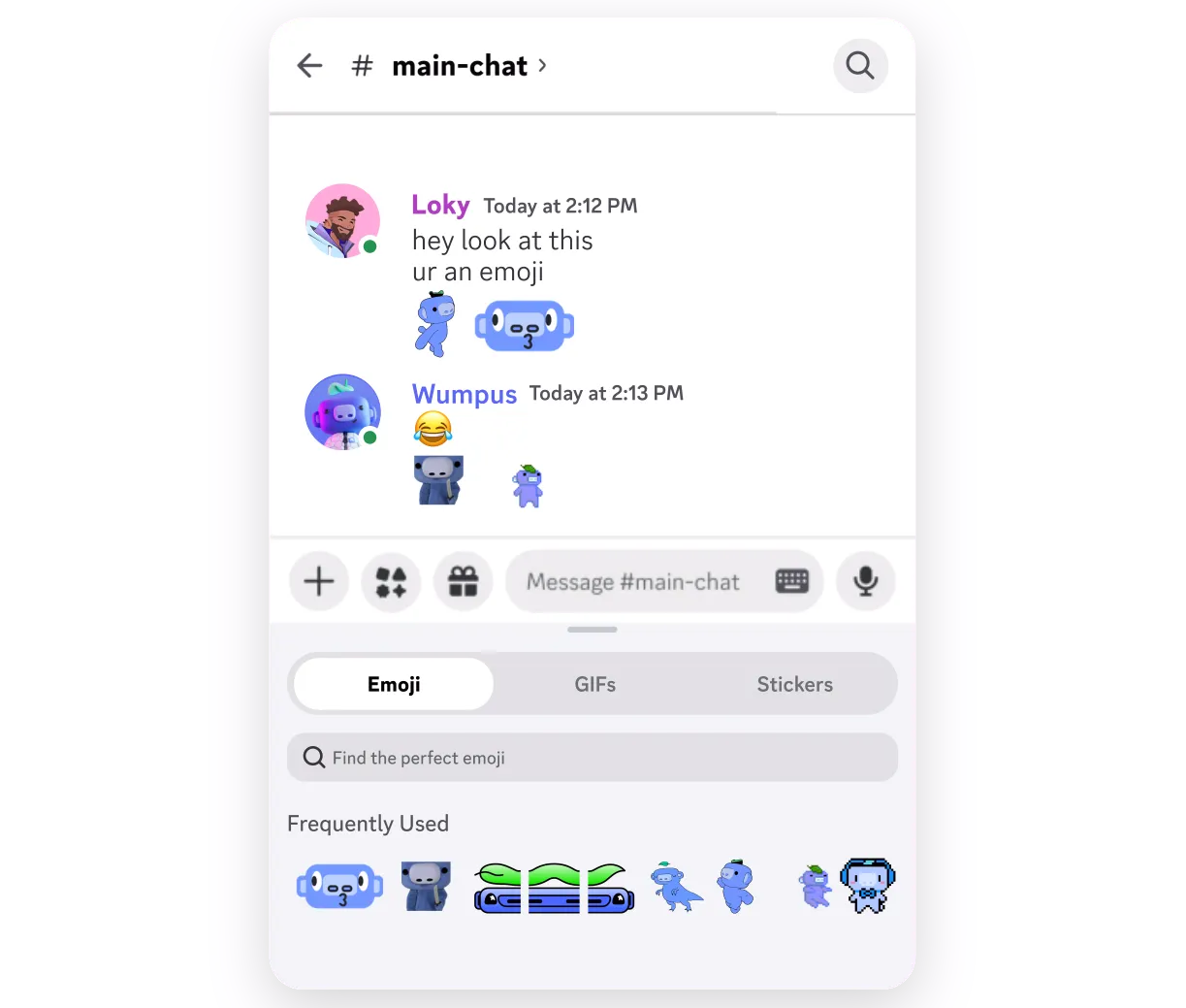 会話の中でアクティブなカスタムステッカーと、カスタム絵文字およびステッカー選択パネルが表示されたDiscordモバイルチャット(出典:Discord)