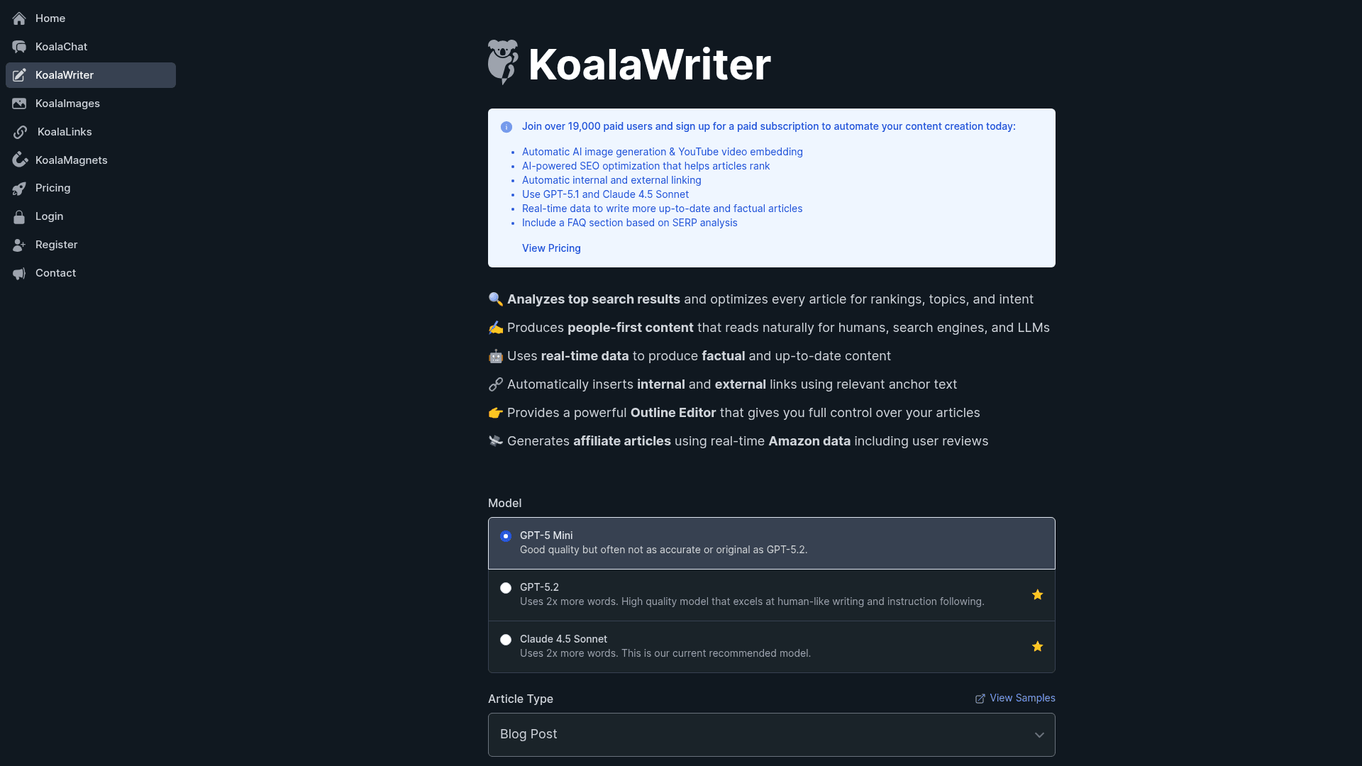 Interfaz de KoalaWriter mostrando el generador de entradas de blog SEO con IA, tal como se ve en KoalaWriter