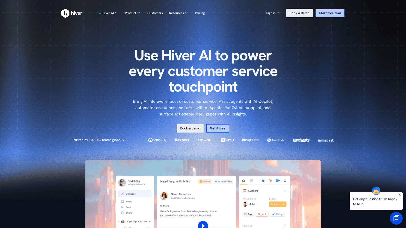 Hiver AI page showing AI Copilot, AI Agents and AI Insights inside the Gmail-based inbox, as taken from Hiver