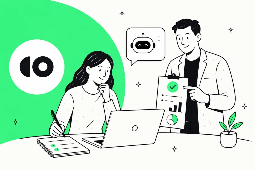 Editorial illustration of an AI customer support agent assisting a support rep, in CoSupport green
