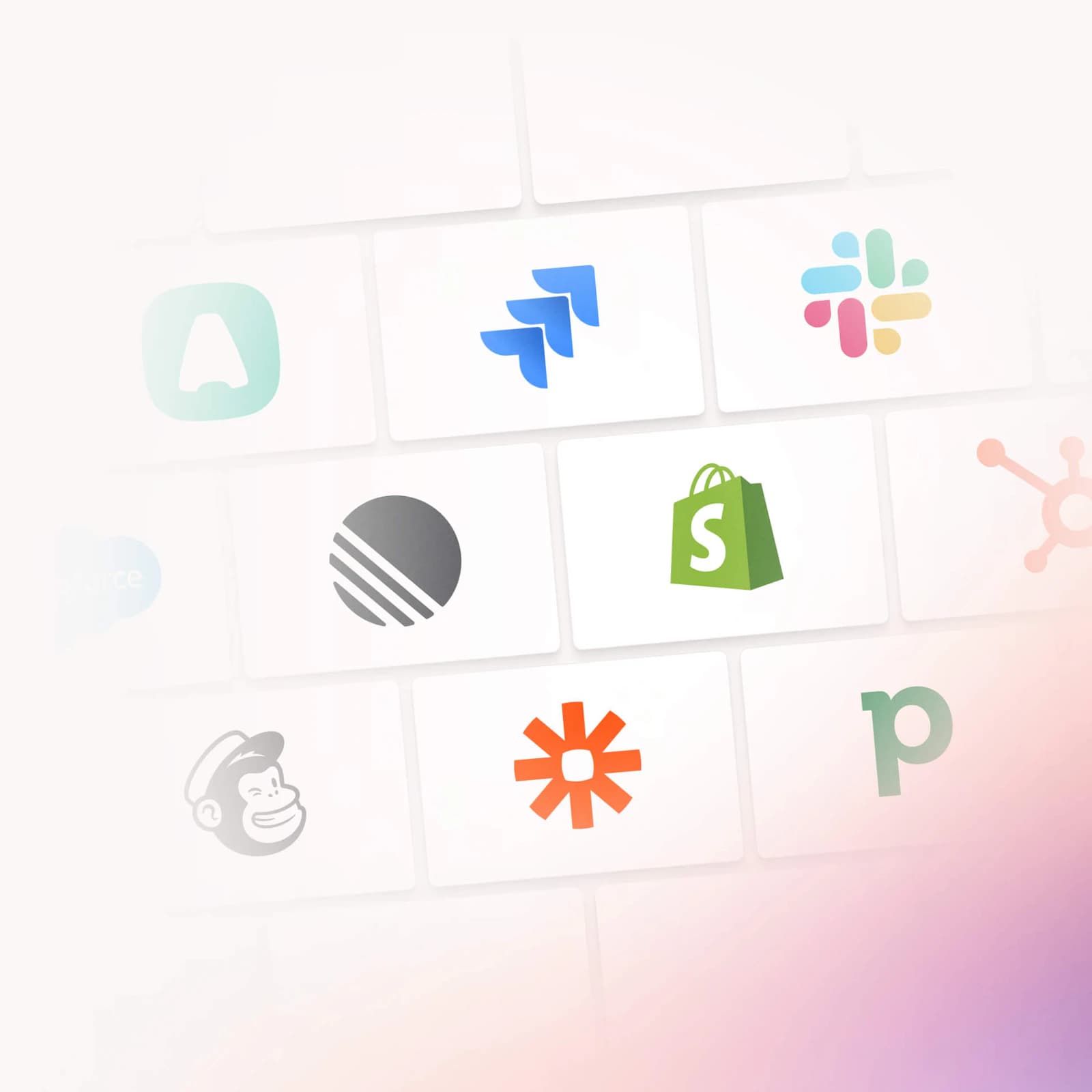 Jira、Slack、Shopify、Mailchimp、Zapier、HubSpot、Salesforce などの連携ロゴが並ぶグリッド、Help Scout より