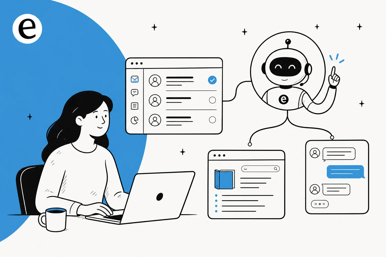 Illustration of a customer service automation platform routing tickets across a helpdesk inbox, knowledge base, and chat