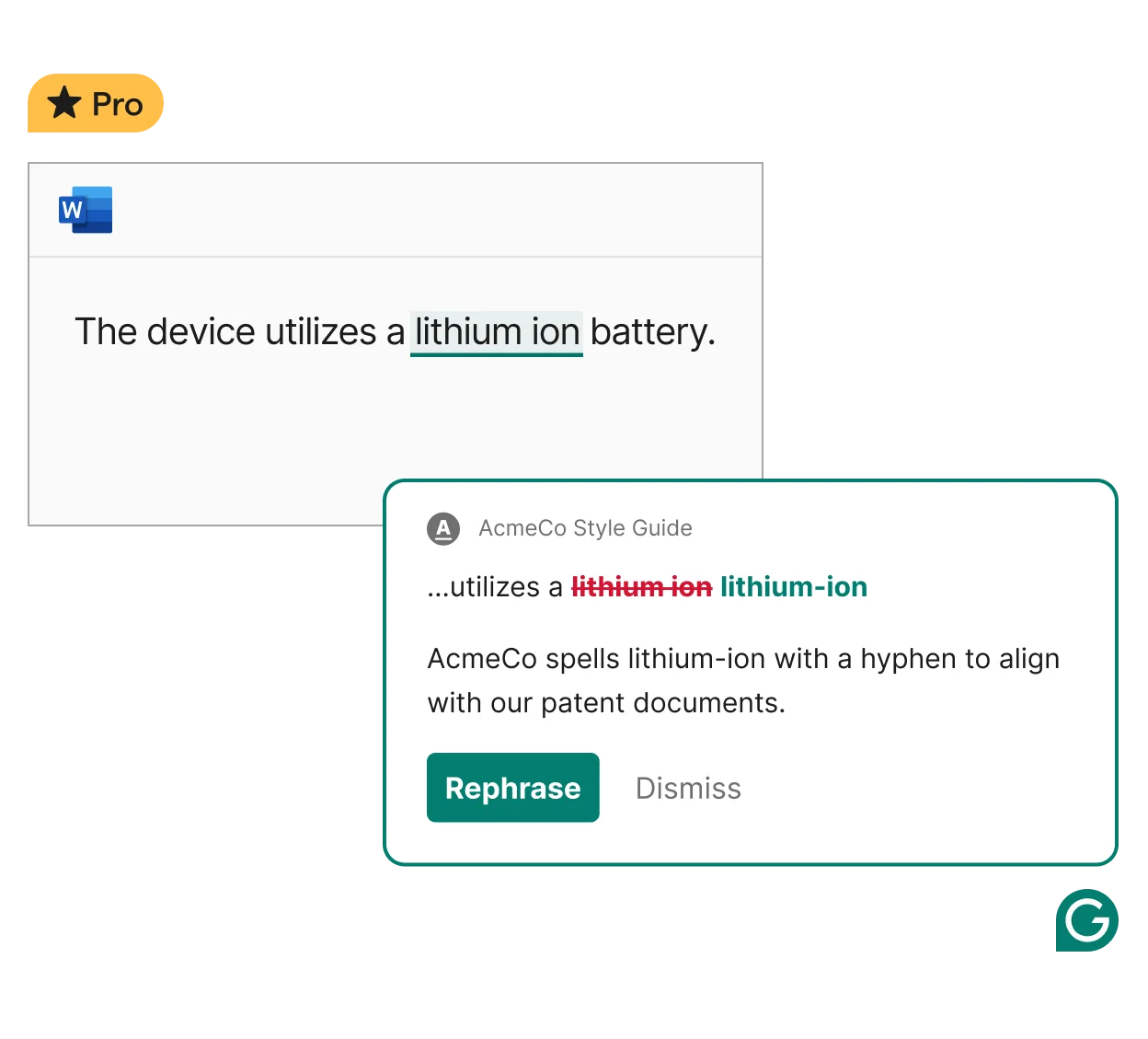 Grammarys Stilrichtlinie erkennt „Lithium Ionen" in einem Word-Dokument und schlägt die markenkonforme Schreibweise „Lithium-Ionen" vor, aufgenommen von Grammarly