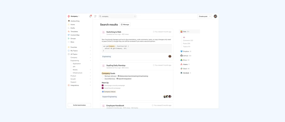 Slab unified search interface showing results pulled from Slab, Slack, and Google Drive simultaneously