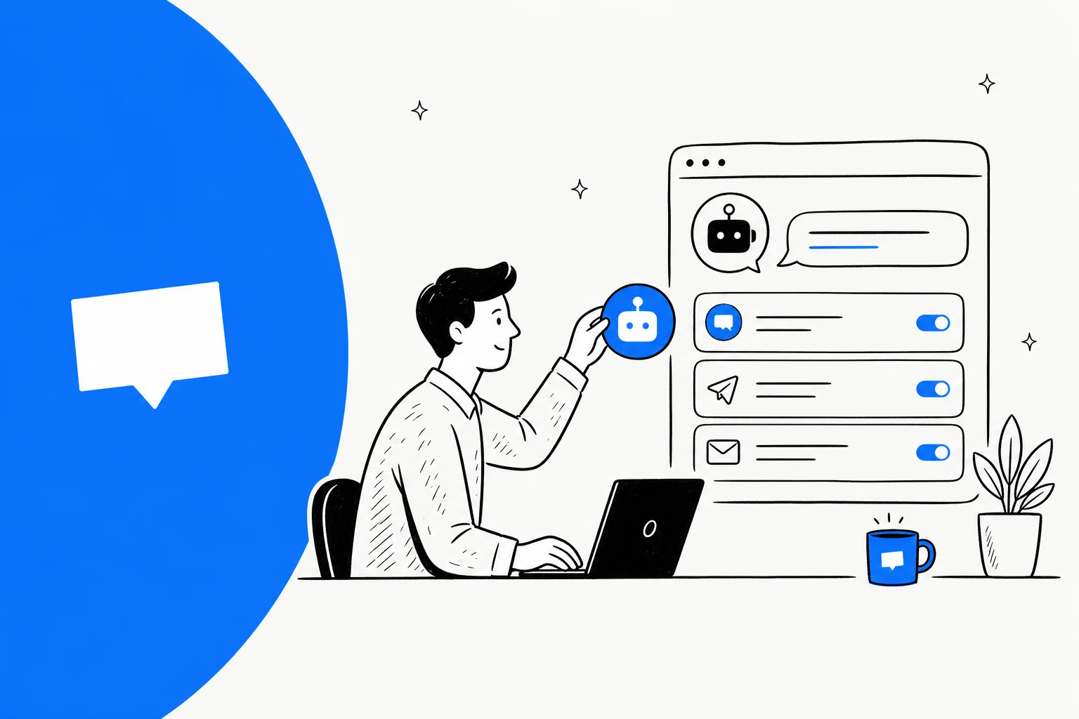 Illustration of a person enabling an AI chatbot across channels in a Crisp-style inbox