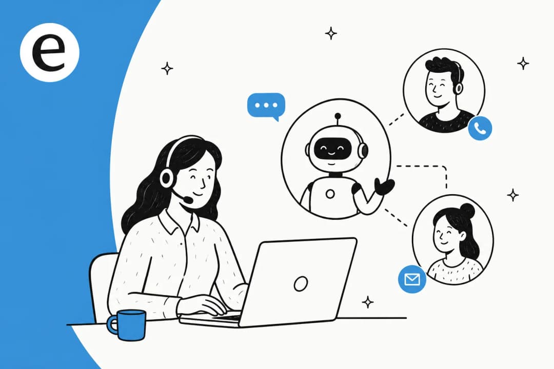 Illustration of AI tools handling telecom customer support across phone, chat, and billing