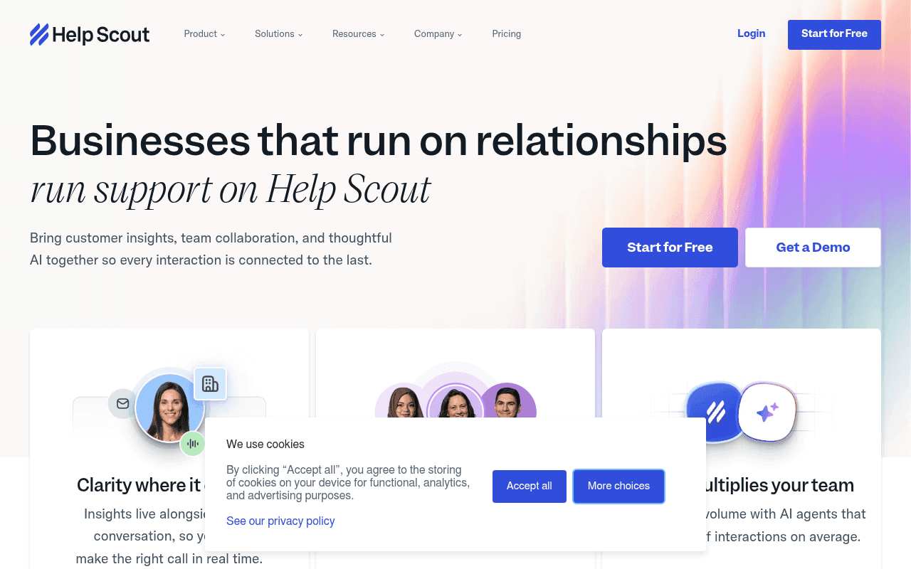 Help Scout homepage showing the email-like shared inbox interface, as taken from Help Scout