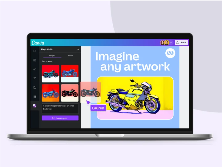 Editor de Canva abierto con la barra lateral de Magic Media AI mostrando la generación de texto a imagen para "motocicleta azul vintage sobre un fondo rojo"