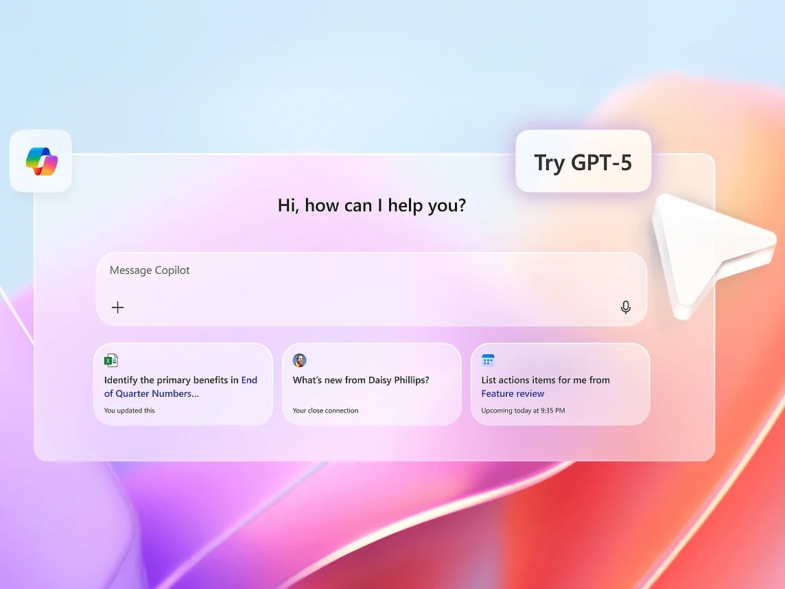 Microsoft Copilot's chat surface already offers model choice, here surfacing a "Try GPT-5" prompt, as taken from Microsoft