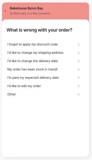 Gorgiasから引用、チャットウィジェットで「ご注文に何かありましたか?」と尋ねるGorgiasセルフサービスフローメニュー