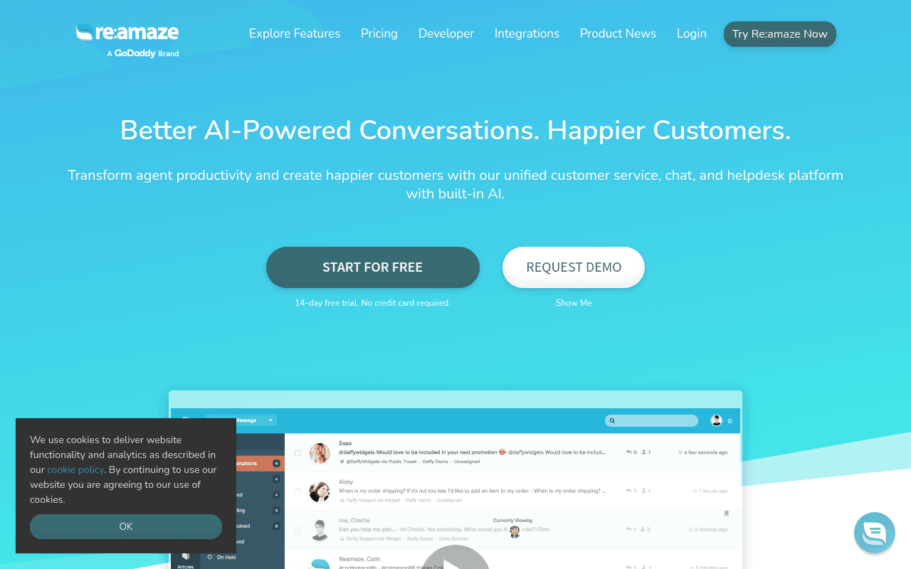 Re:amaze homepage showing the unified customer support platform, as taken from Re:amaze
