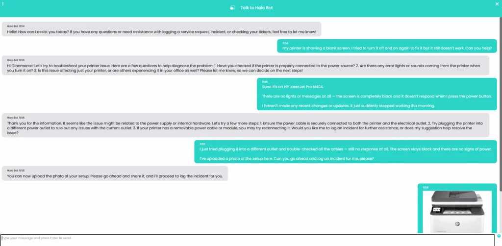 The Halo Bot Virtual Agent troubleshooting a printer issue with a customer, as taken from Halo