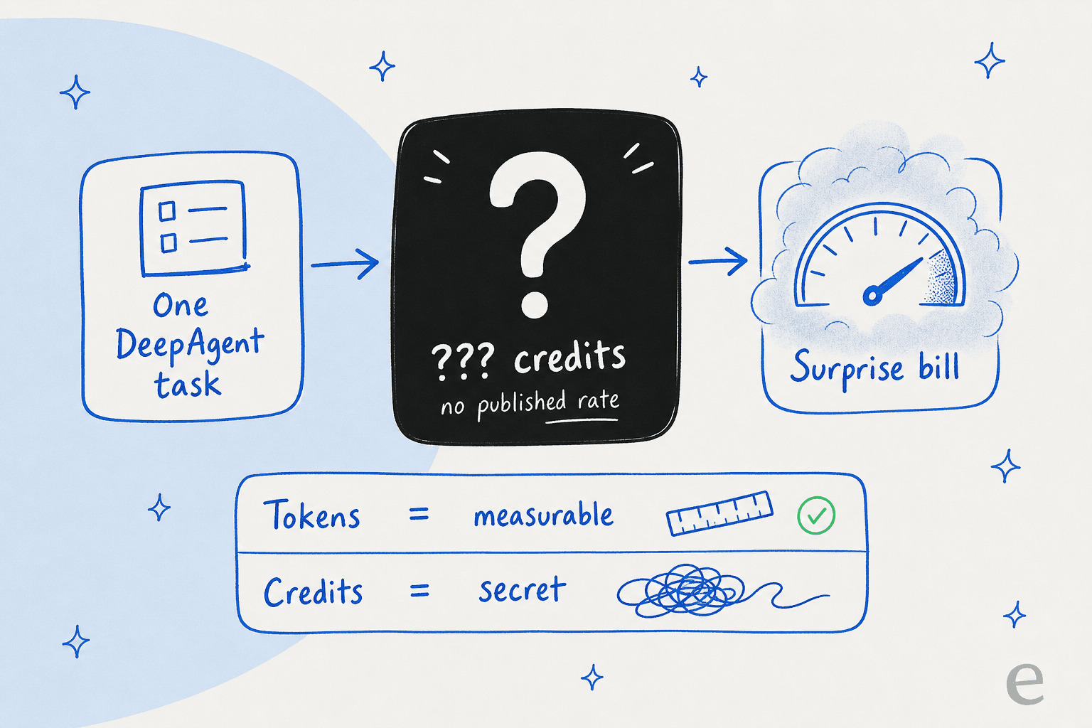 Why Abacus credits are unpredictable: one task feeds an opaque "credits" box with no published rate, ending in a surprise bill