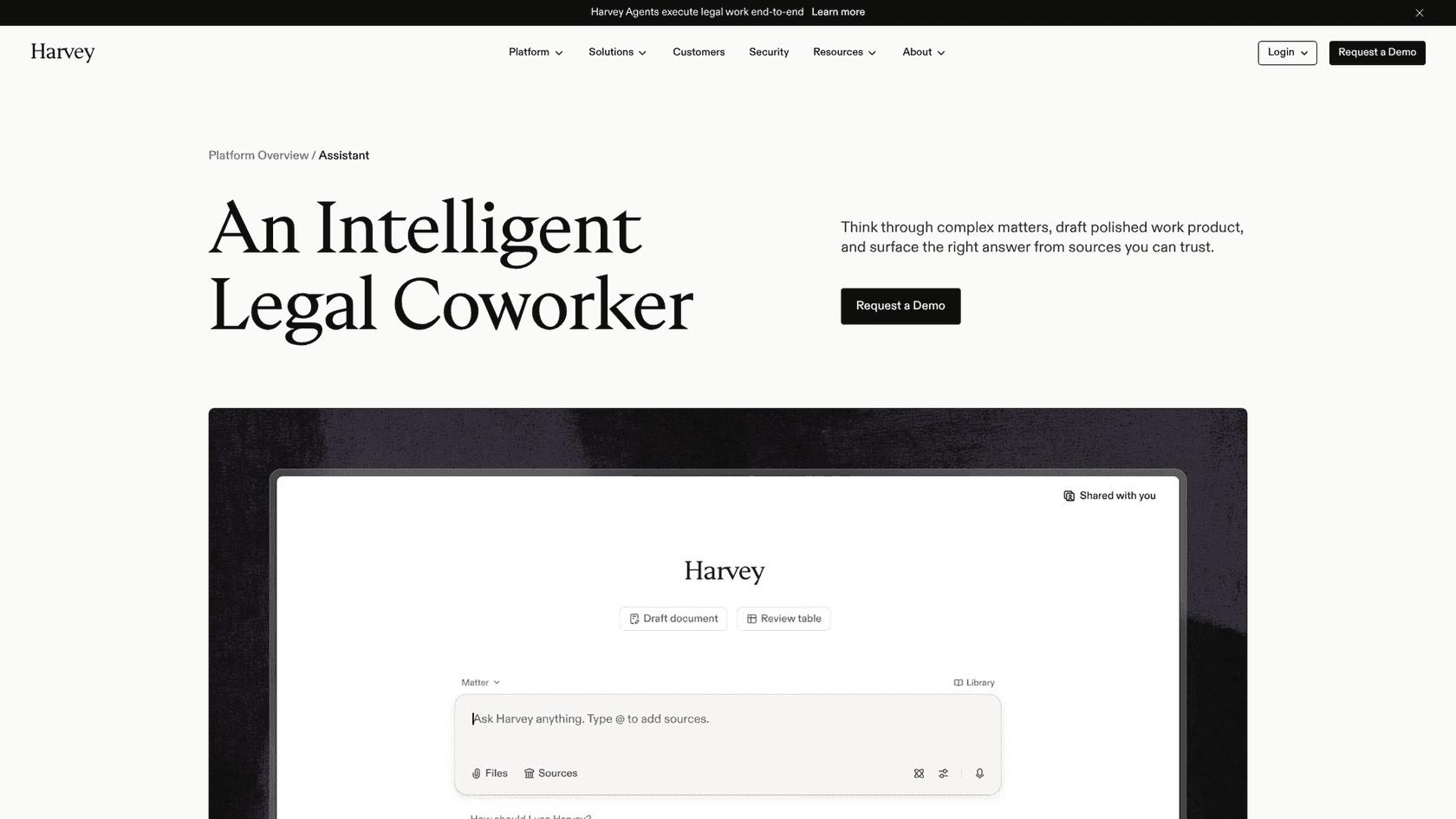 Harvey AI's Assistant product page, showing its conversational interface for legal work, as taken from Harvey