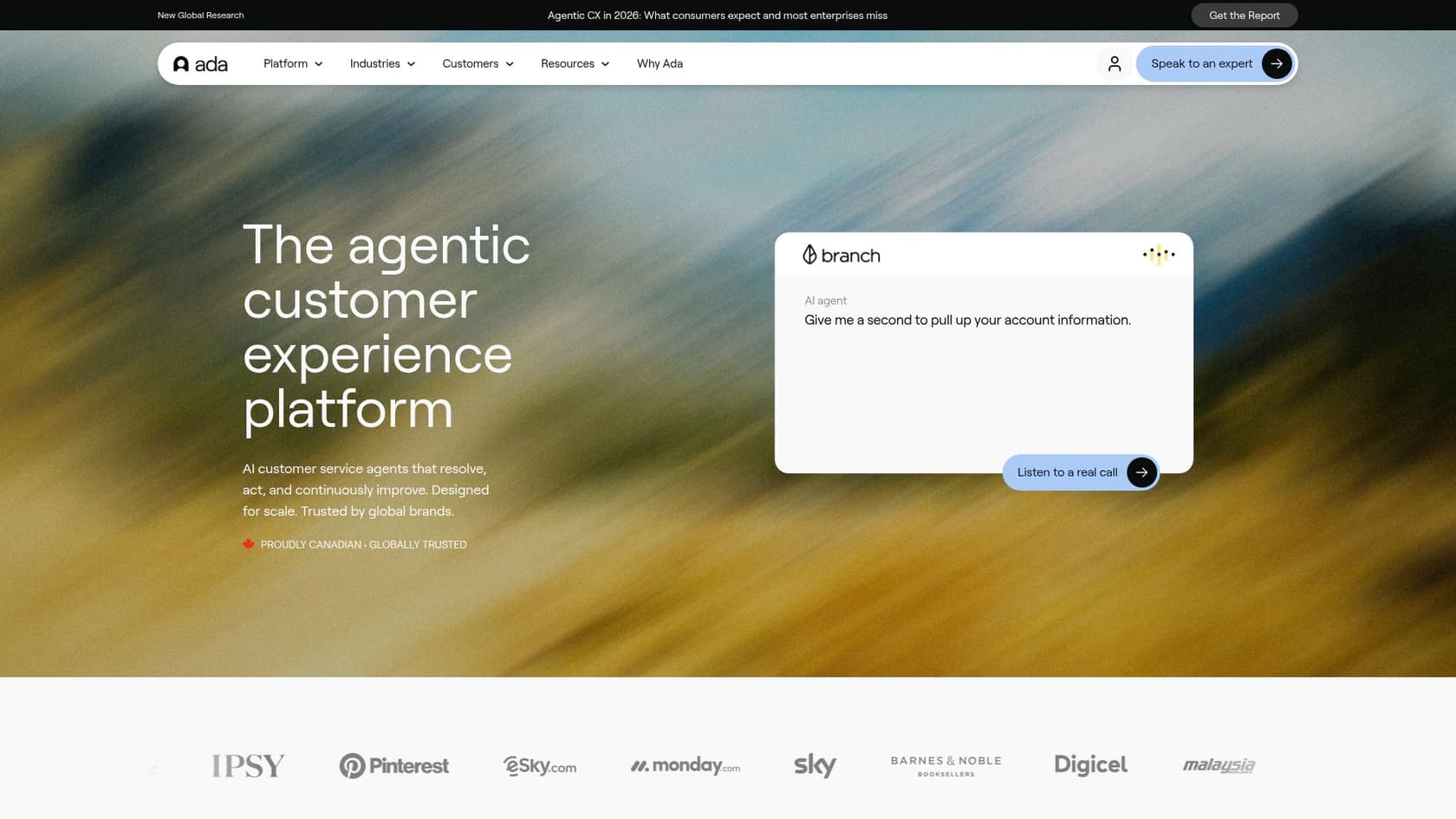 La página de inicio de Ada.cx mostrando su plataforma de Experiencia del Cliente Agéntica