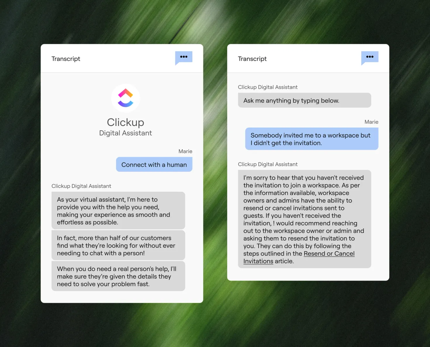 Ada-powered digital assistant transcript in which a customer asks to connect with a human and the assistant explains it will gather details first, beside a second transcript answering a workspace invitation question, as taken from Ada