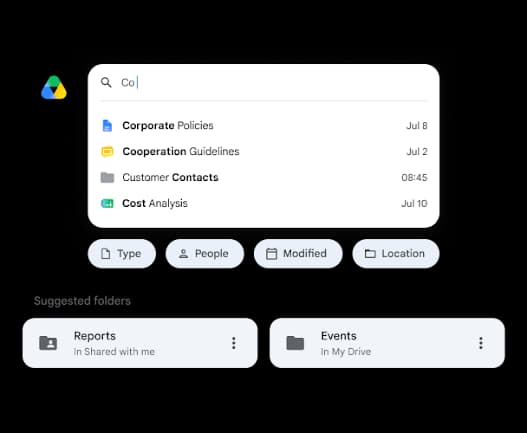 Rechercher dans Drive en langage naturel et recevoir des résultats de fichiers et dossiers avec des dossiers suggérés, extrait de Google Workspace