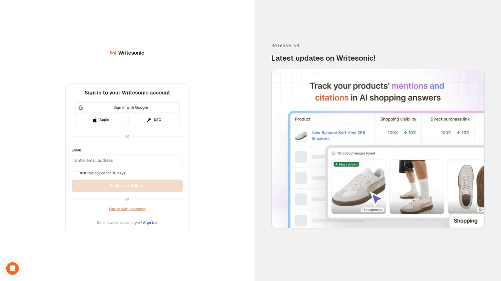 Interfaz de la aplicación Writesonic mostrando el panel de escritura con IA y optimización de contenido, tal como se ve en Writesonic