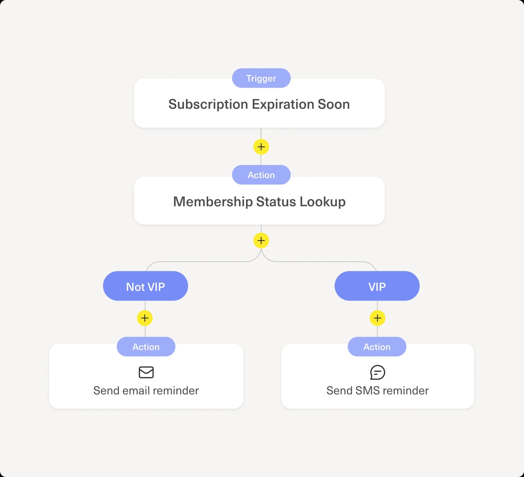 Kustomer's Architect workflow builder showing a subscription expiration trigger routing VIP and non-VIP customers to different SMS and email paths, as taken from Kustomer