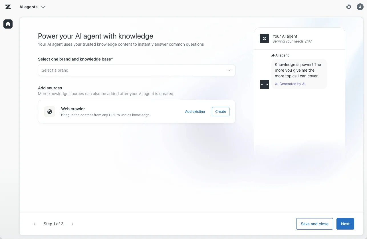 Schritt zur Auswahl der Wissensquelle im Zendesk KI-Agenten-Erstellungsassistenten, entnommen aus Zendesk help