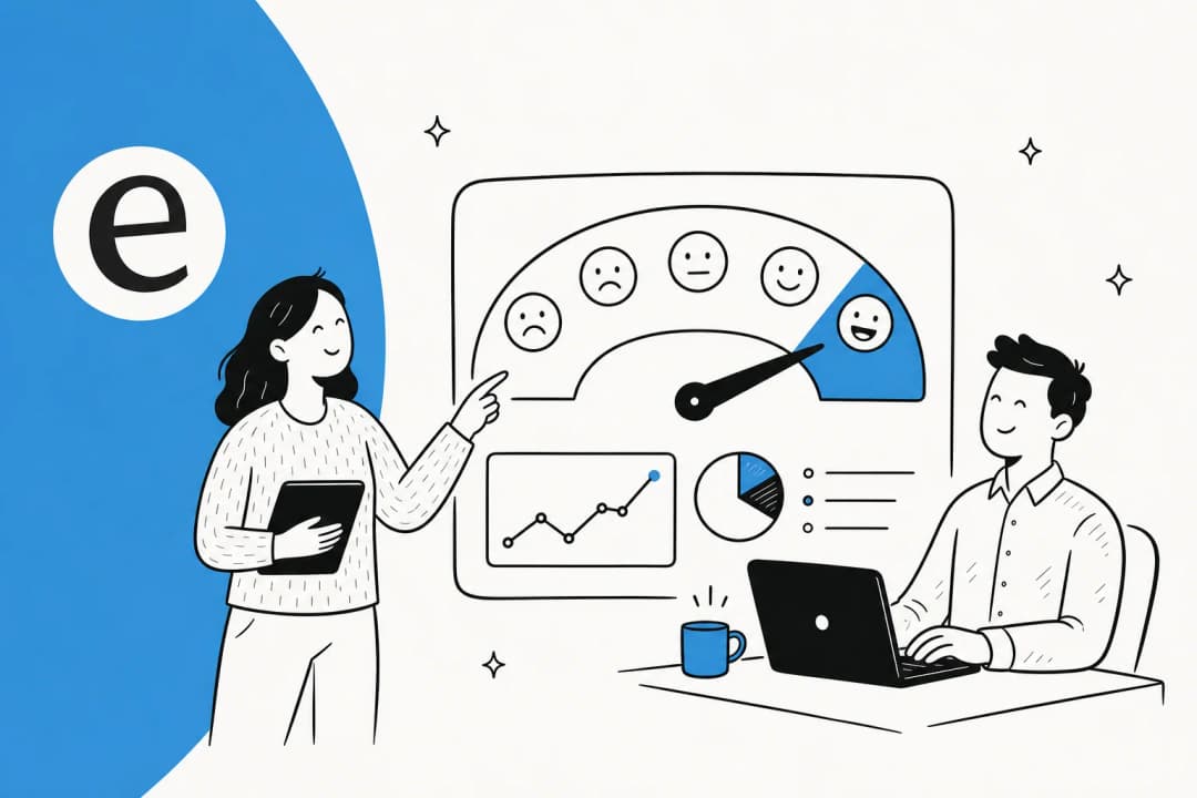 Illustration of a customer satisfaction survey rating scale and support analytics, in eesel blue