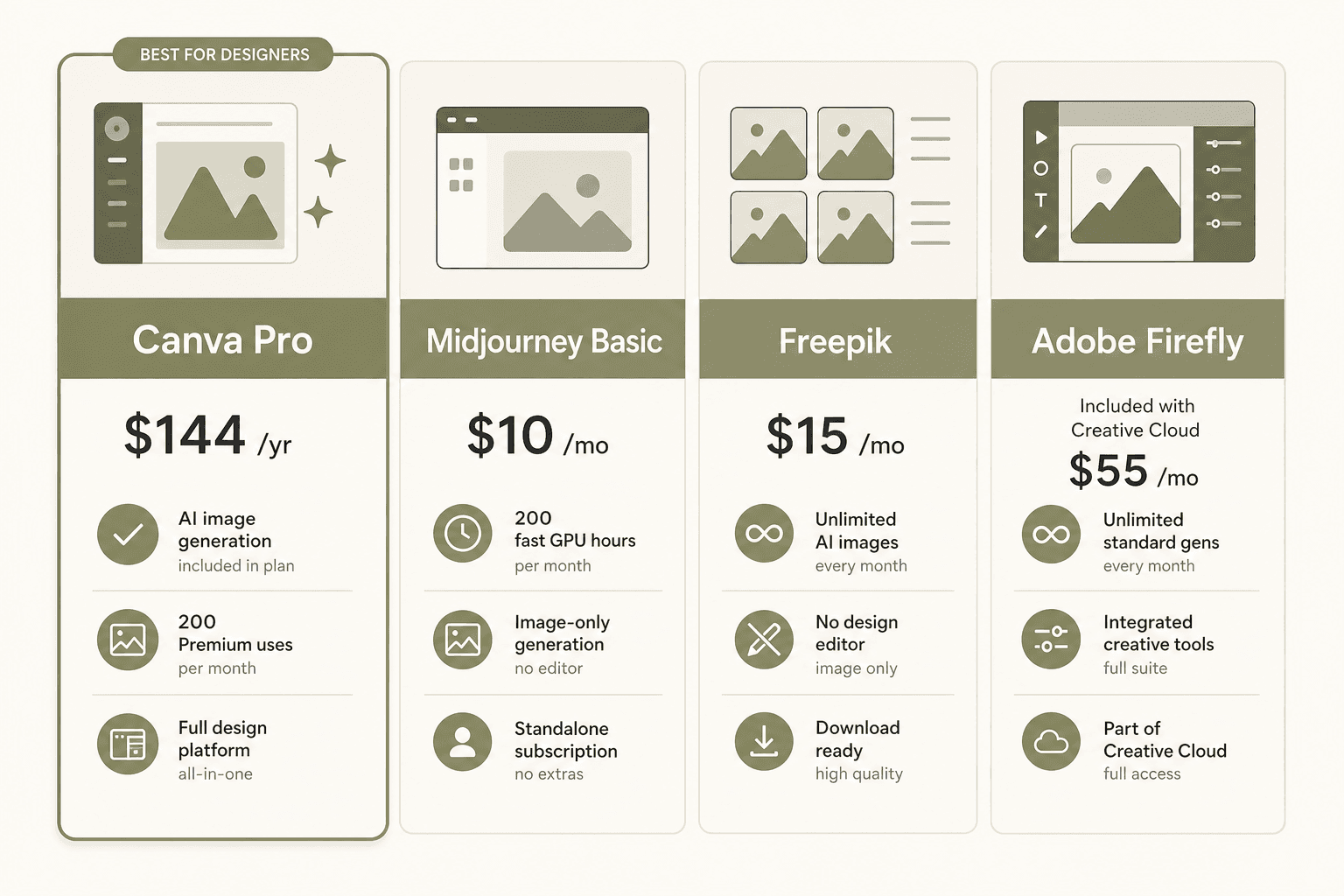 Comparativa de precios de Canva AI con Midjourney, Freepik y Adobe Firefly - precio de entrada, límites de generación y disponibilidad del editor