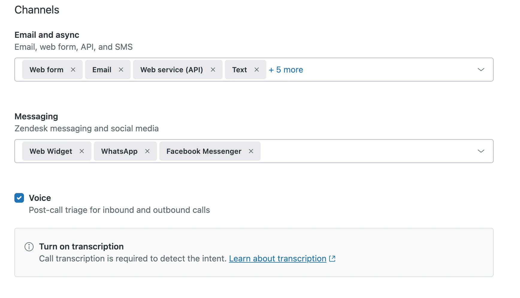 Zendesk intelligent triage channel settings showing email and async, messaging, and voice channel options, as taken from Zendesk