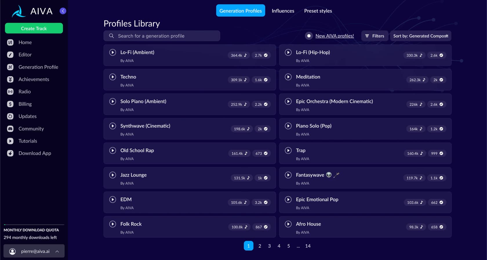 Aplicativo AIVA mostrando a Biblioteca de Perfis com estilos de gênero como Lo-Fi, Techno, Meditação e Epic Orchestra