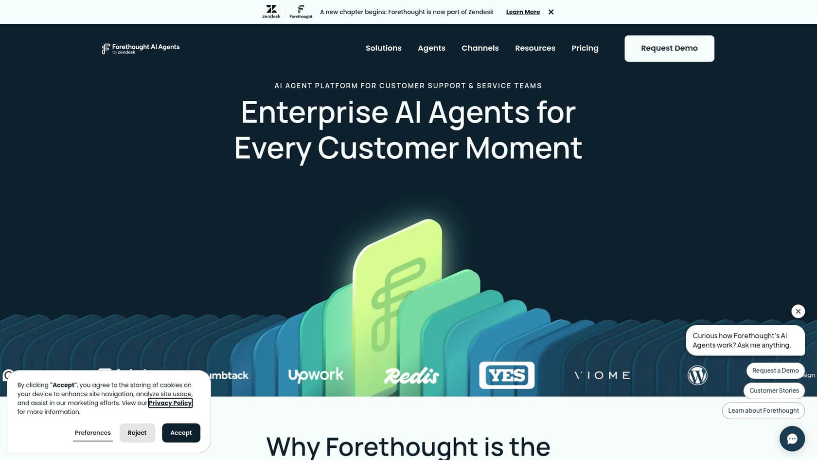 La página de inicio de Forethought.ai mostrando "Enterprise AI Agents for Every Customer Moment"