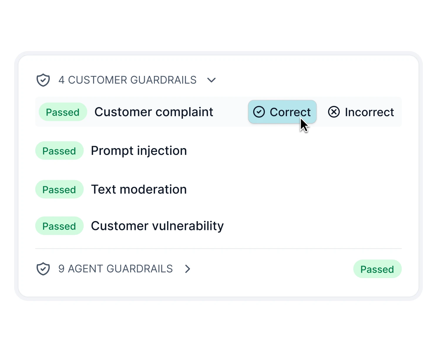 Gradient Labs' guardrail panel showing customer and agent guardrails passing on a conversation, as taken from Gradient Labs