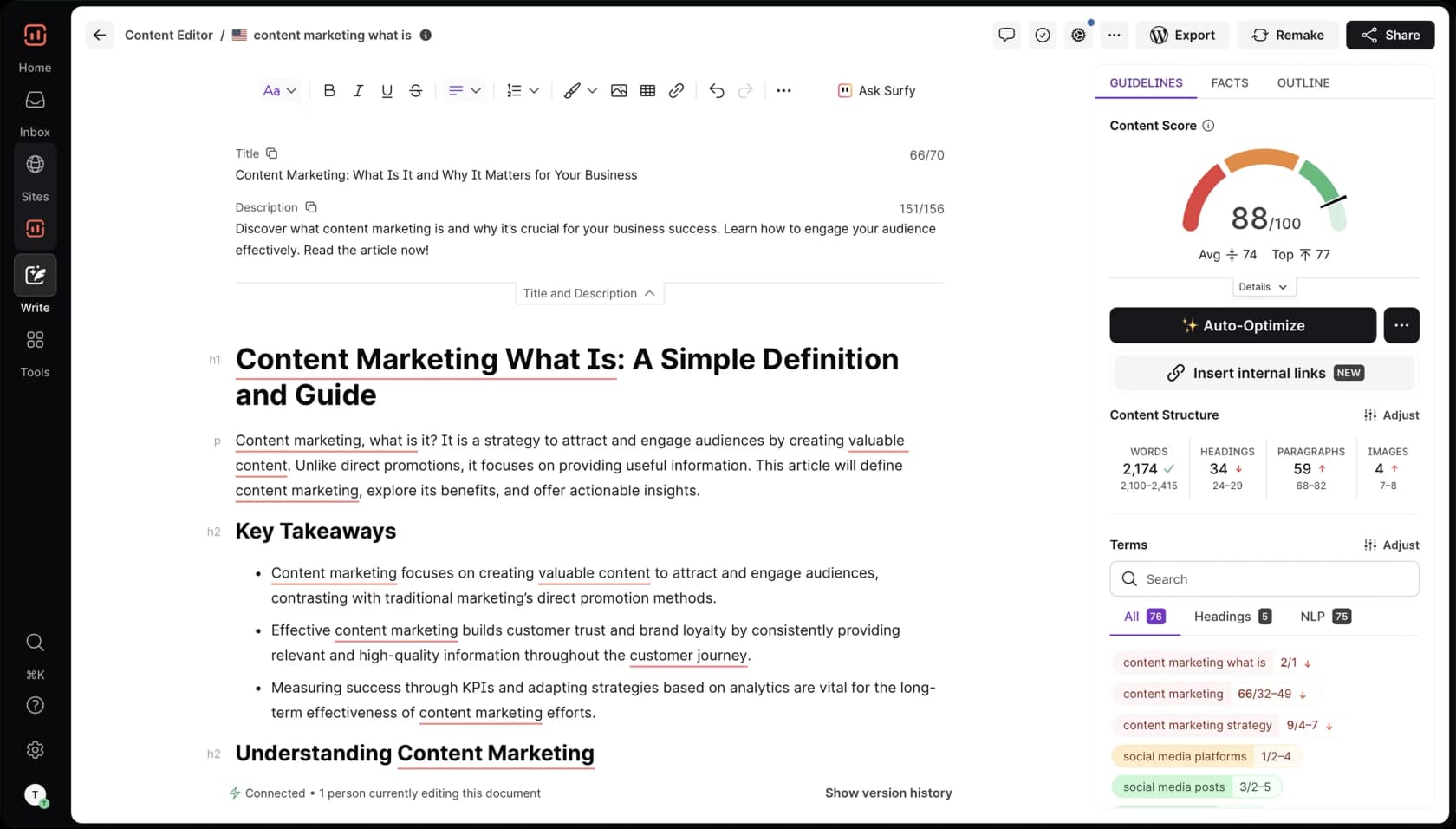 Surfer SEO Content Editor showing a live Content Score of 88 out of 100 with guidelines and term recommendations, as taken from Surfer