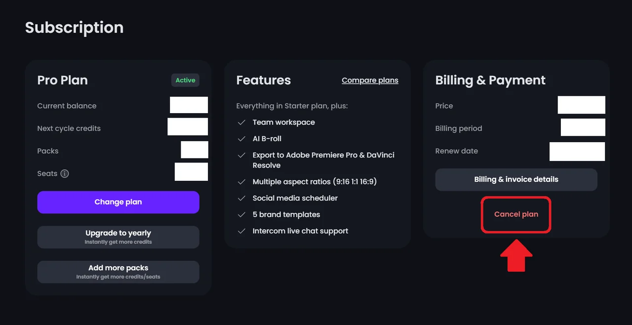 Plan- und Credit-Vergleich aus dem OpusClip-Hilfecenter, entnommen aus OpusClip Help