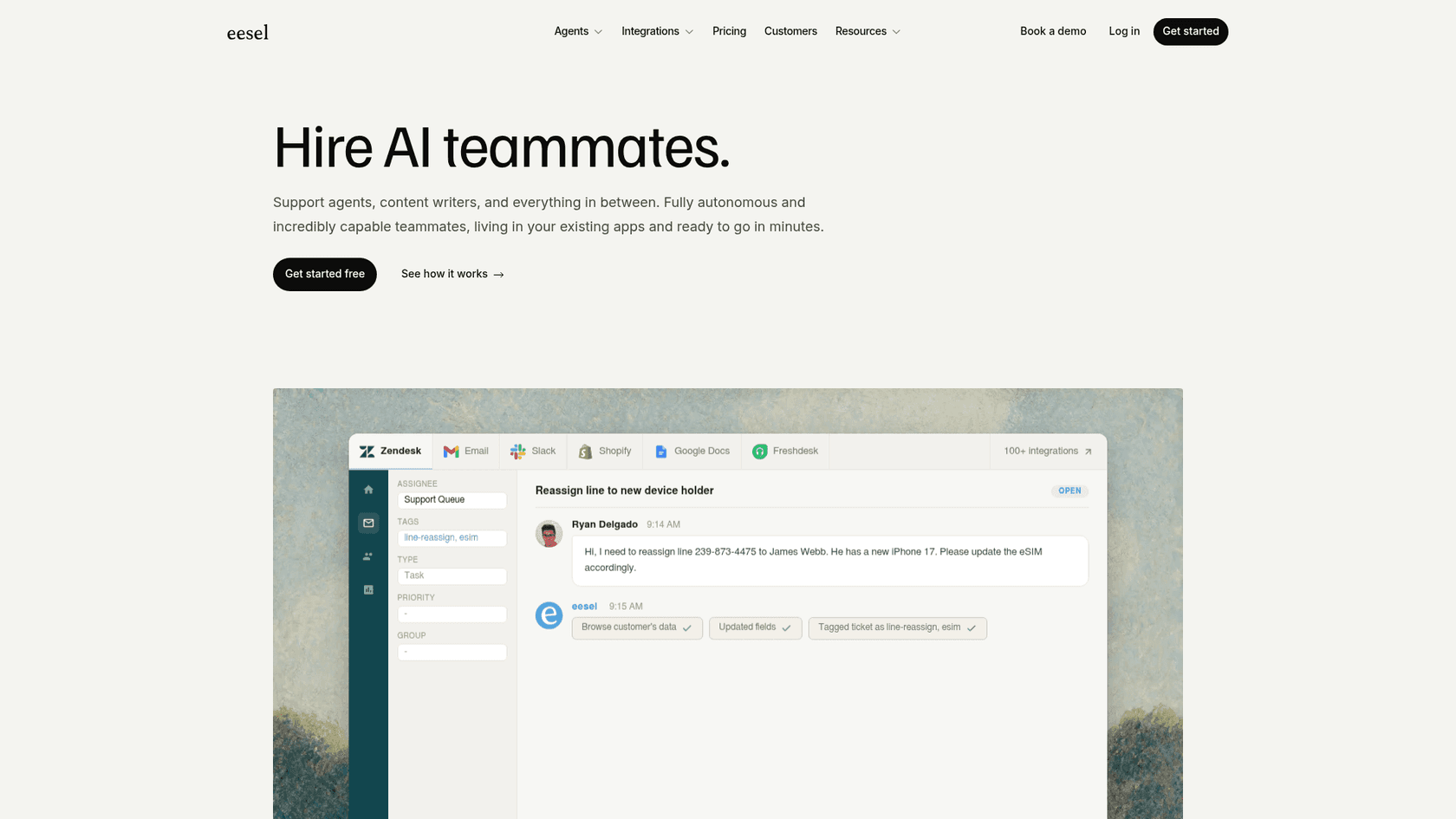eesel AI homepage showing AI teammates that plug into your existing support stack