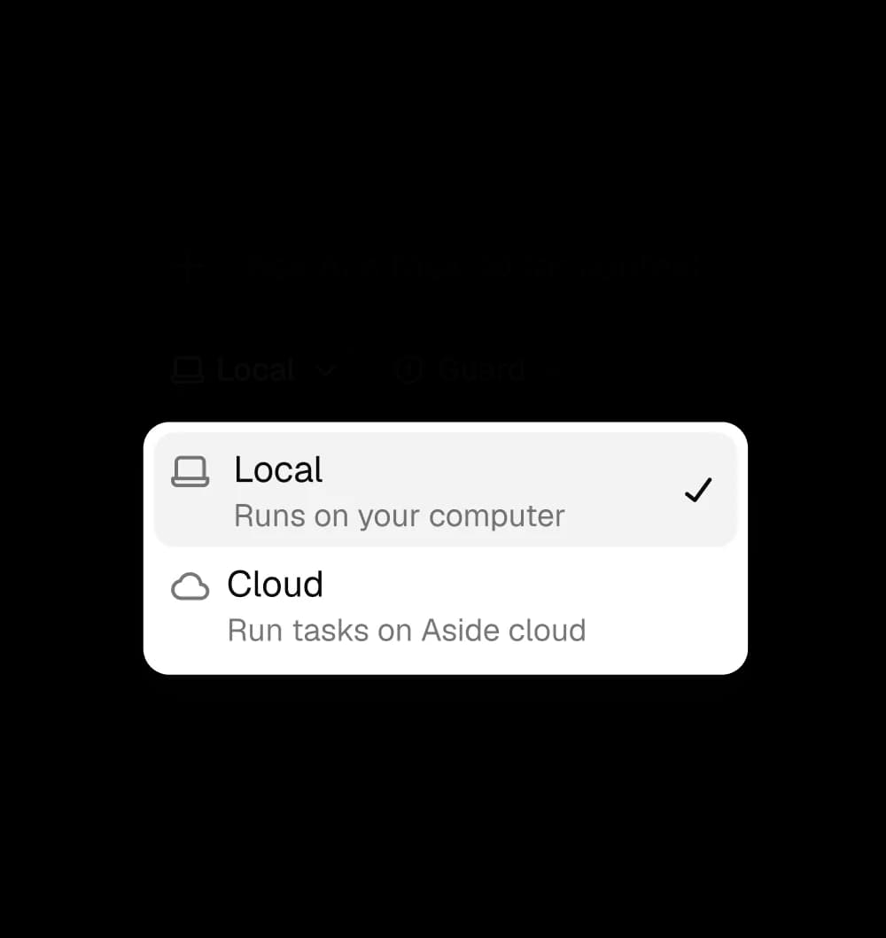 Aside's Local vs Cloud task toggle, as shown on the Aside homepage