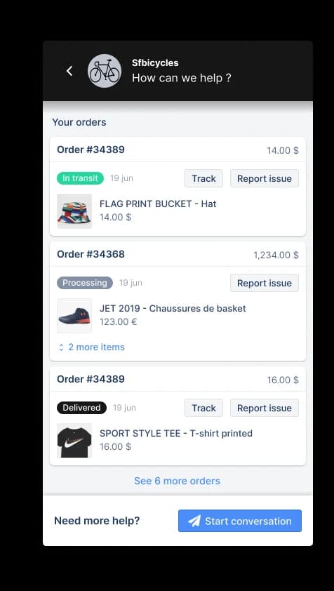 Gorgias self-serve order tracking widget letting shoppers track and report issues on their orders