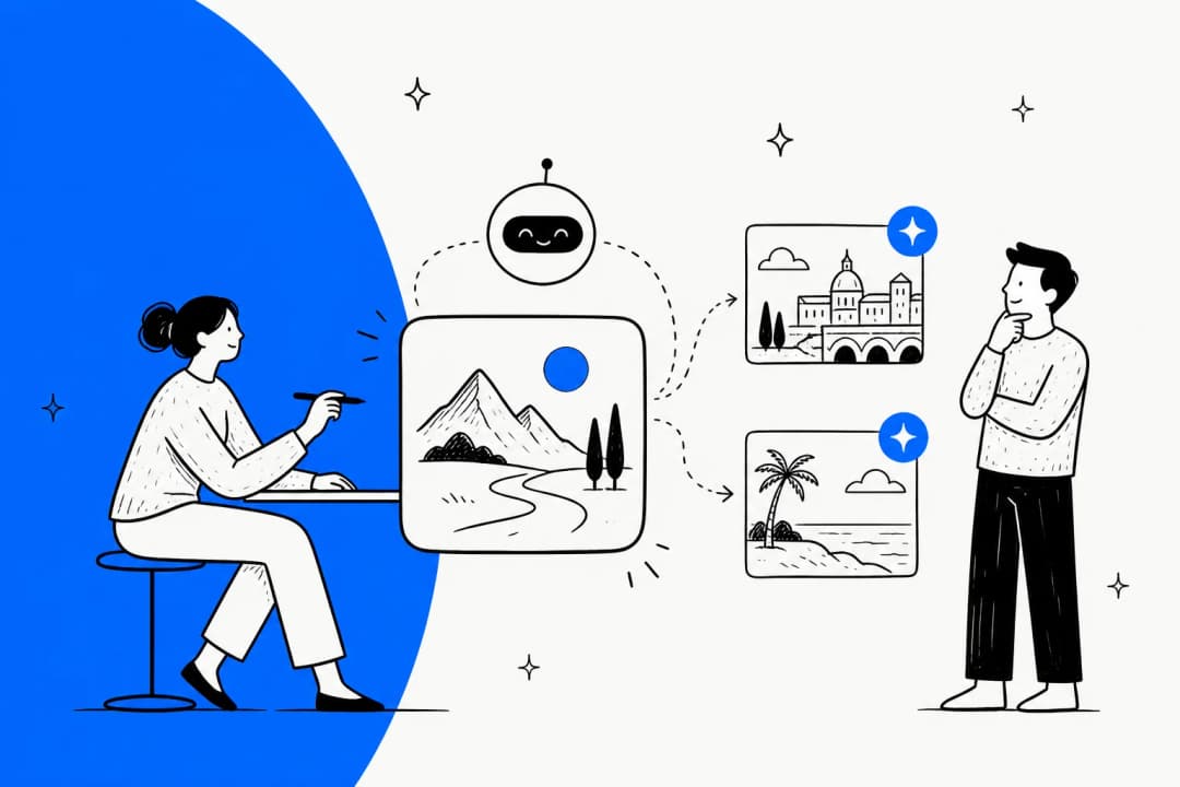 Redaktionelle Hero-Illustration zu Metas Muse Image, einem agentischen KI-Bildgenerierungsmodell, in Meta-Blau