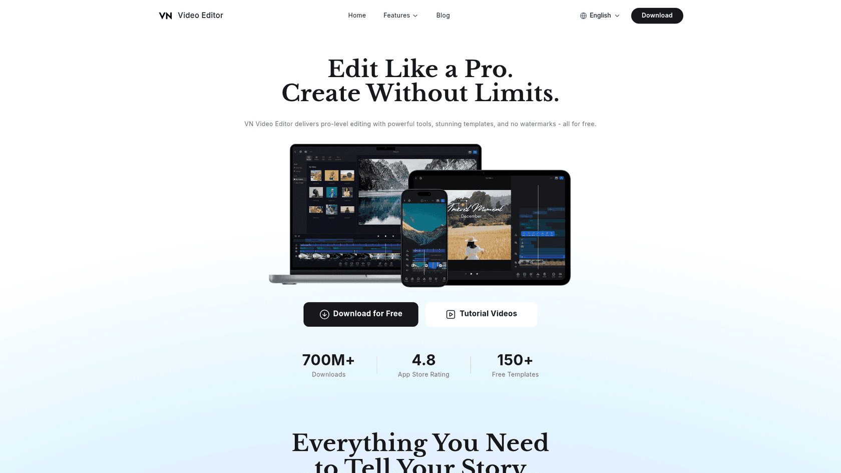 Homepage der VN Video Editor Website, entnommen von VN Video Editor