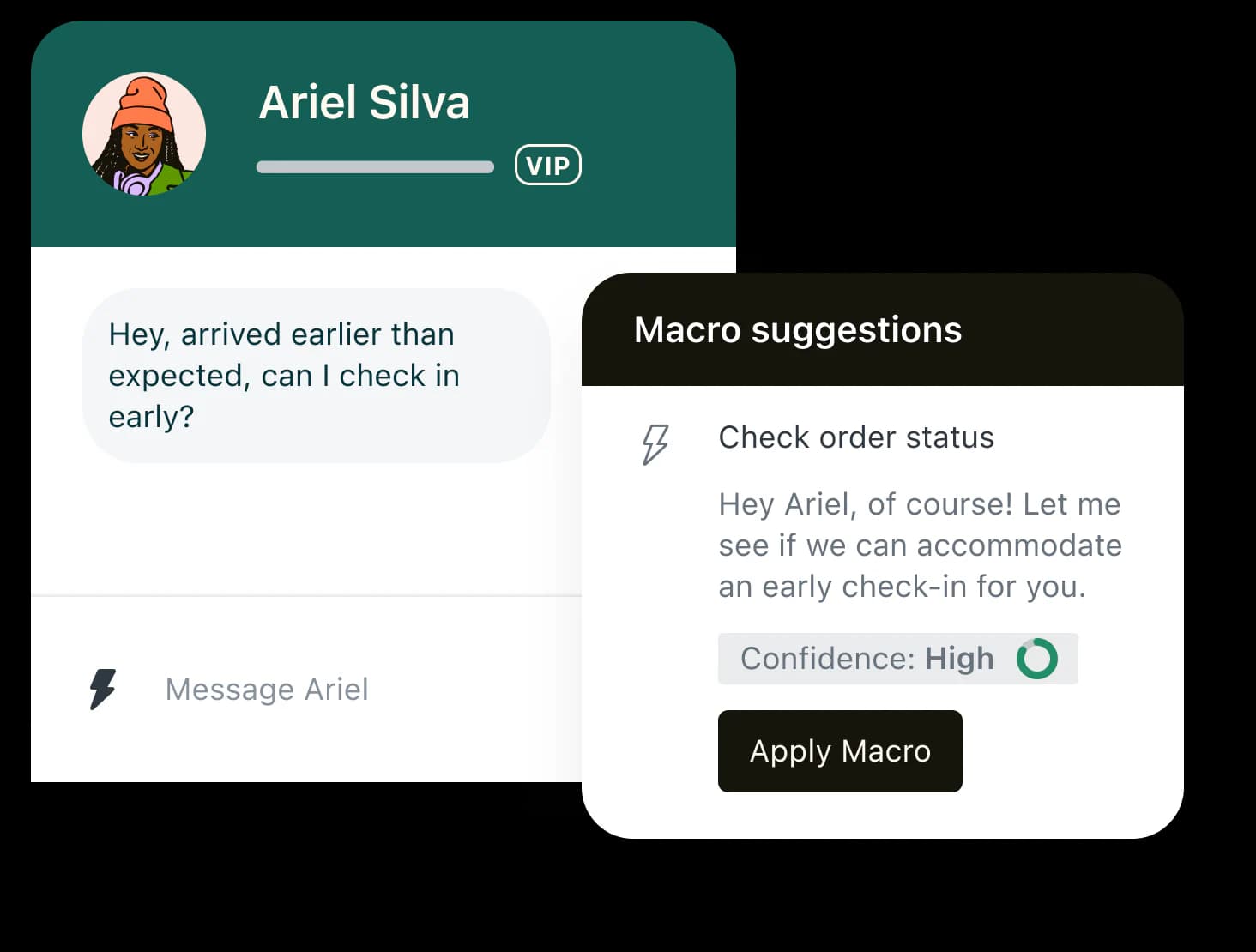 Zendesk Macro suggestions panel showing a Check order status macro with Apply Macro button and confidence score, as taken from Zendesk