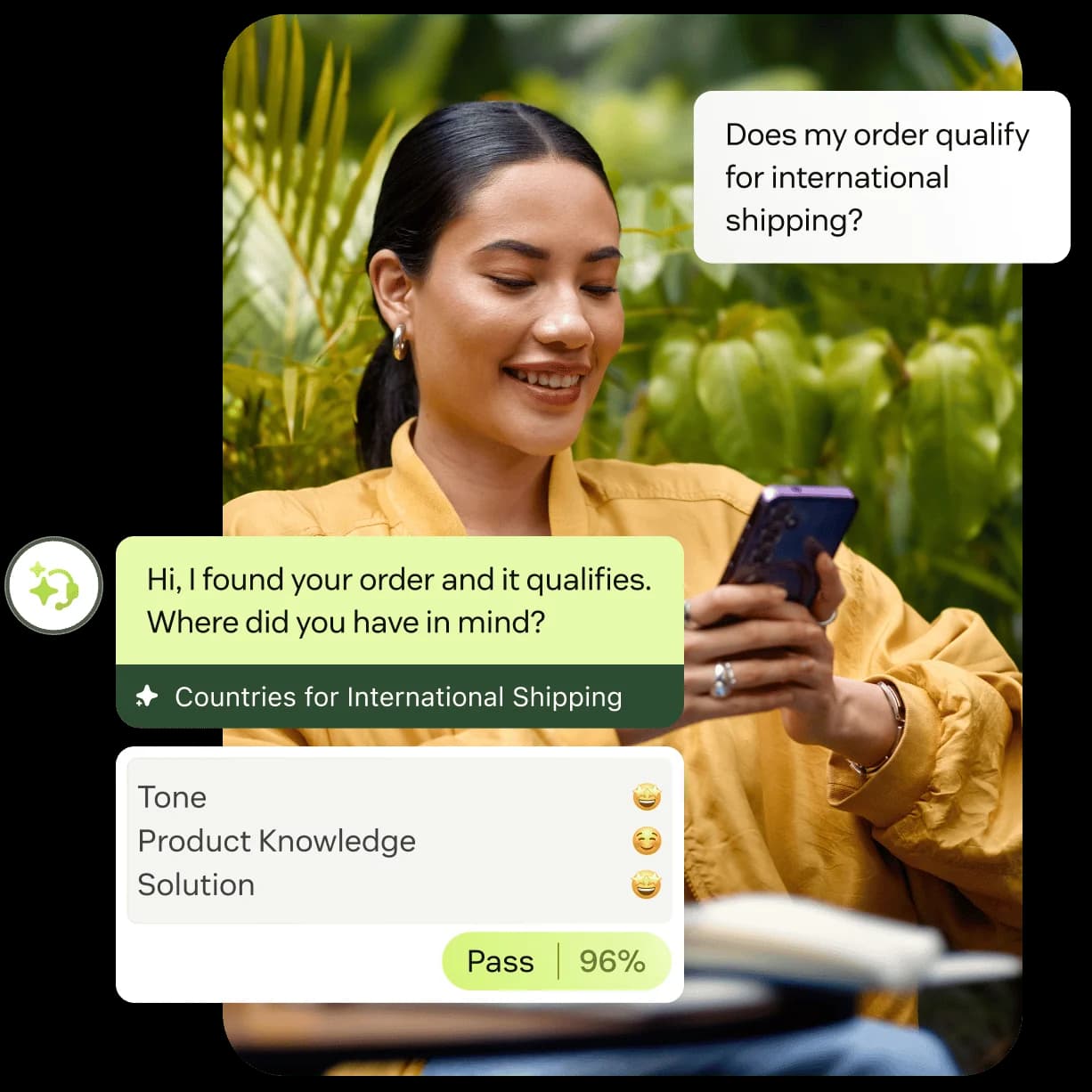 Customer chat about international shipping eligibility, with the AutoQA scorecard panel showing Tone, Product Knowledge, and Solution all passing at 96%, as taken from Zendesk