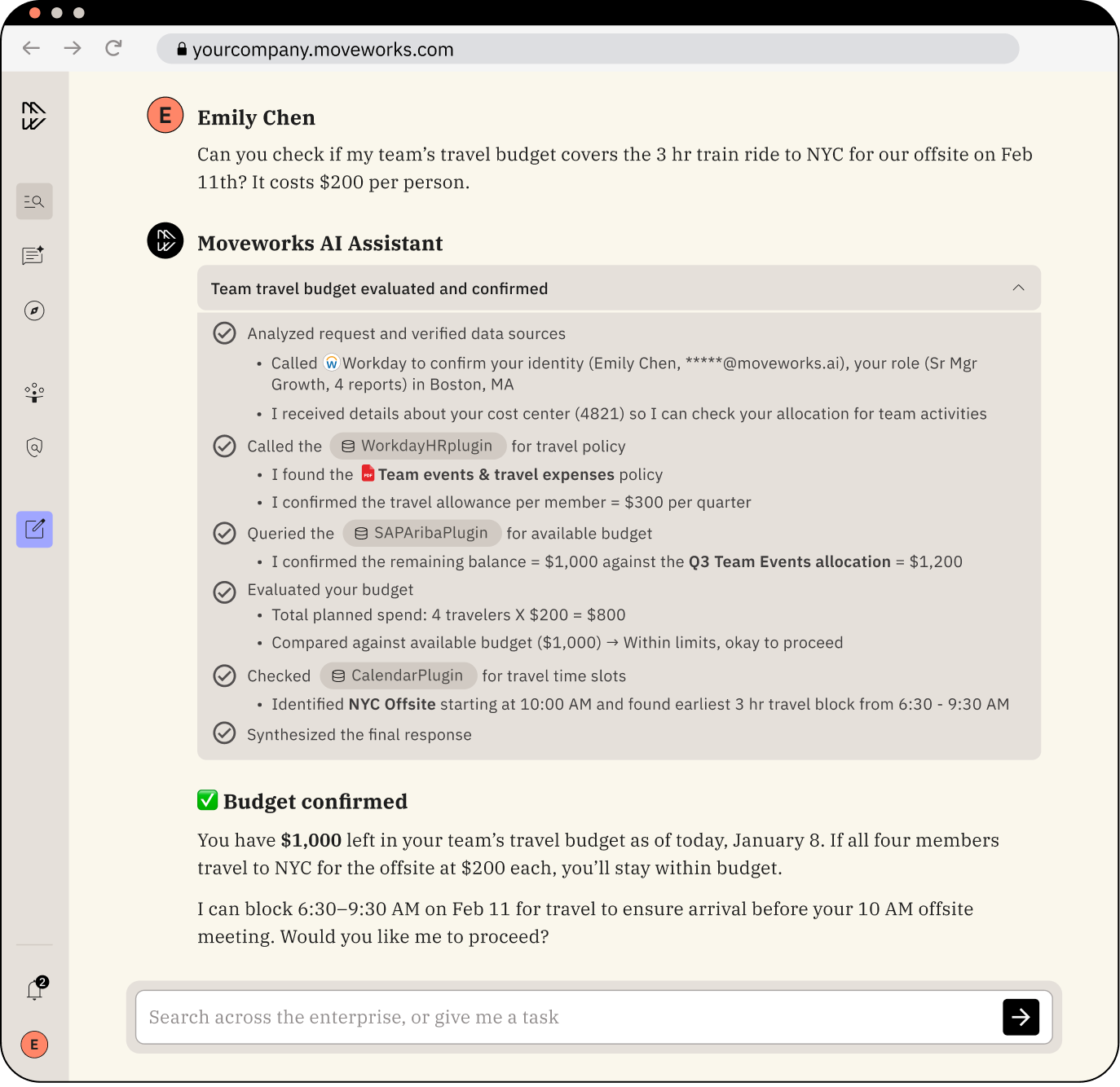 Moveworks AI Assistant reasoning through a travel-budget request with plugin calls
