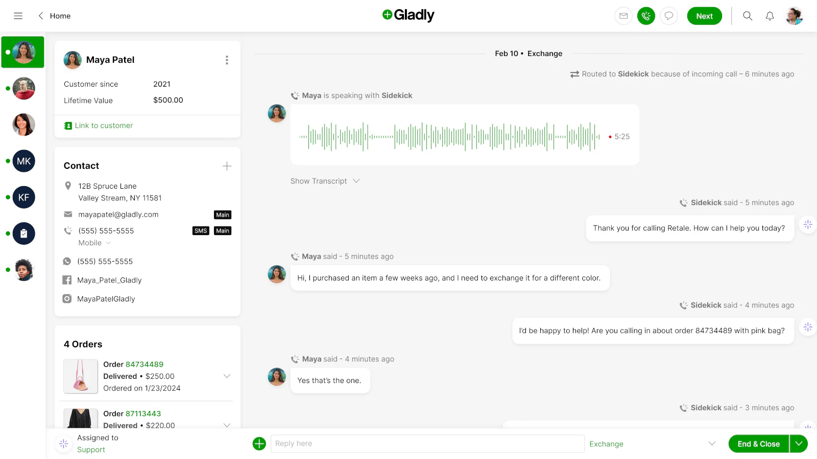 Gladly conversation view with a customer sidebar showing four orders and a live voice transcript where Sidekick handles an exchange, as taken from Gladly