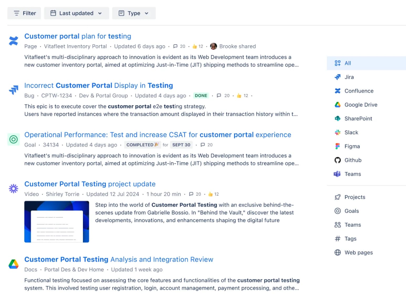 Full-page Rovo Search results showing filters across Atlassian and third-party apps, as taken from Atlassian Support