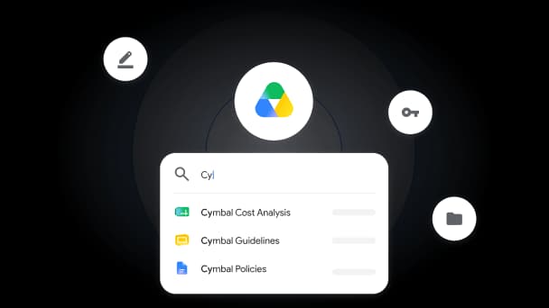 Un utilisateur tapant un nom de fichier dans la barre de recherche Google Drive et obtenant des suggestions instantanées de fichiers, extrait de Google Workspace