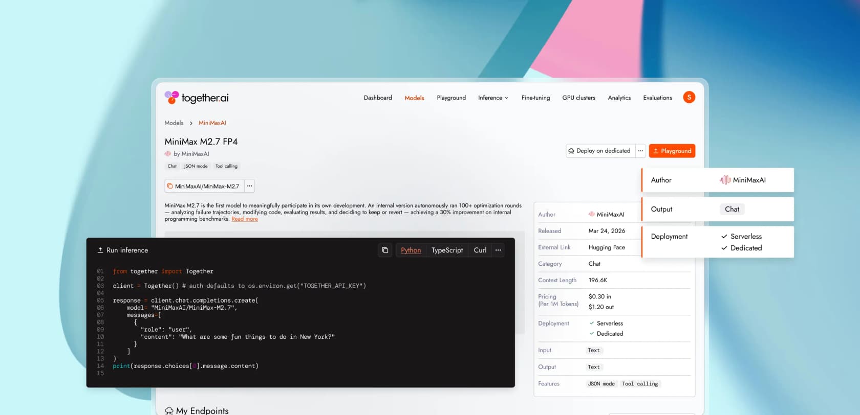 Ficha del modelo MiniMax M2.7 en el playground de Together AI que muestra precios por token de $0.30 entrada / $1.20 salida con opciones de despliegue serverless y dedicado y código de inferencia en línea, tomado de Together AI